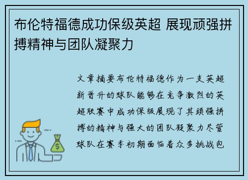 布伦特福德成功保级英超 展现顽强拼搏精神与团队凝聚力